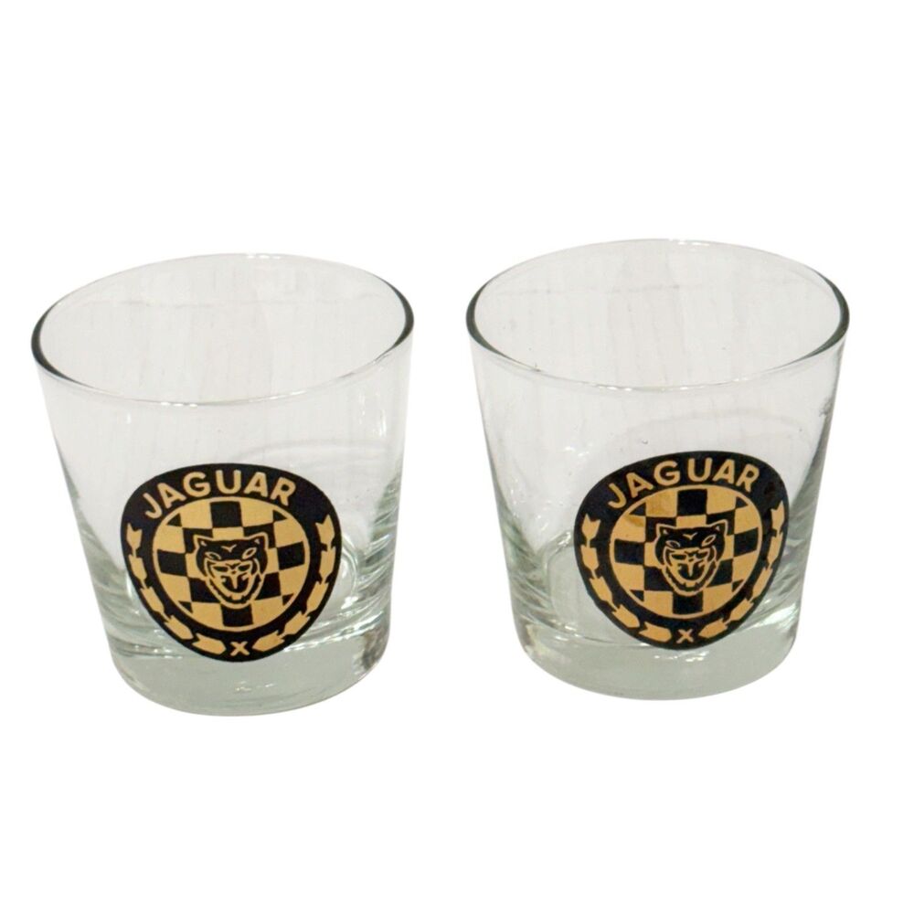 2 Vtg Jaguar Racing Double Old Fashioned Glass Checkered Logo Gold Black Libbey